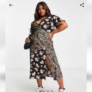 ASOS crinkle wrap midi tea dress - Leopard And Floral Print - Size 26